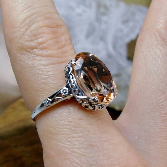 Peach Topaz Edwardian Revival Silver Toned Ring Coquette Bauble - Picture 4 of 13